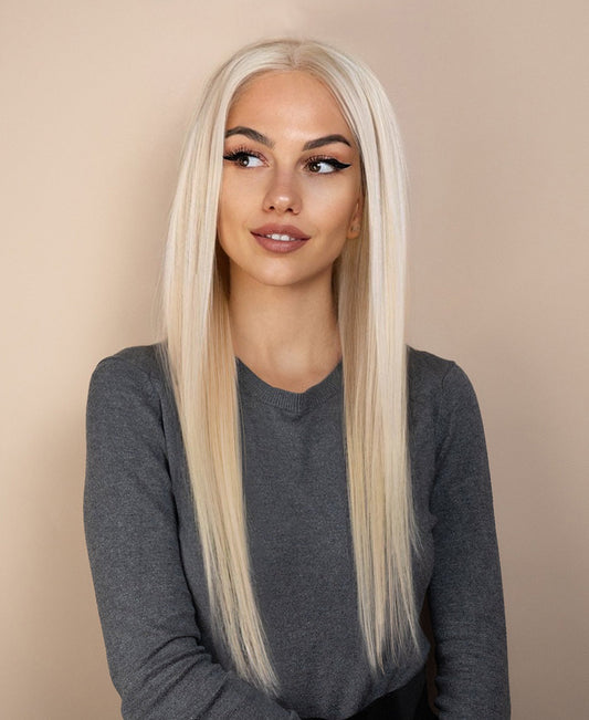 Gro8Hair| Pune-o și pleacă| fără lipici - perucă premium din 100% păr uman natural -  culoare blond, 45 cm lungime
