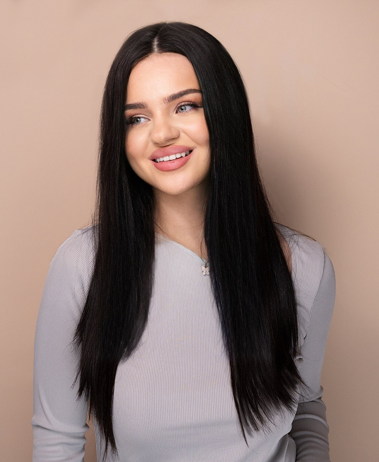 Gro8Hair| Pune-o și pleacă| fără lipici - perucă premium din 100% păr uman natural -  culoare negru, 45 cm lungime