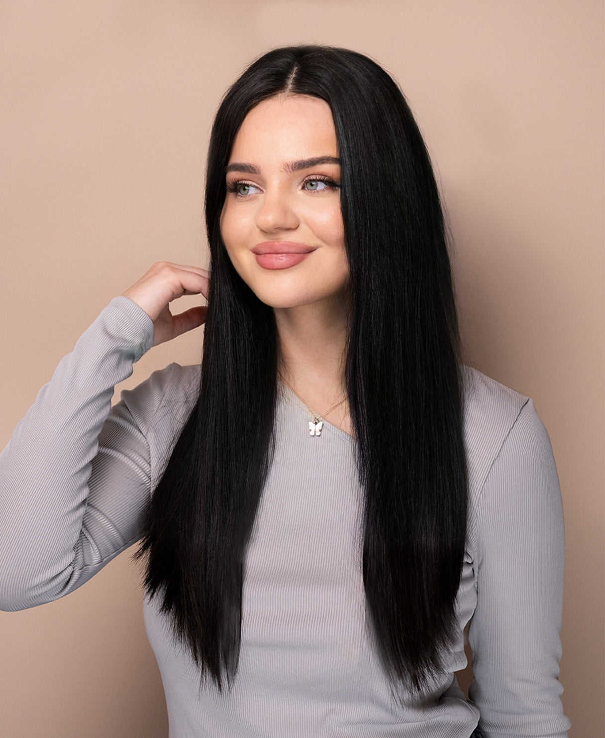 Gro8Hair| Pune-o și pleacă| fără lipici - perucă premium din 100% păr uman natural -  culoare negru, 45 cm lungime