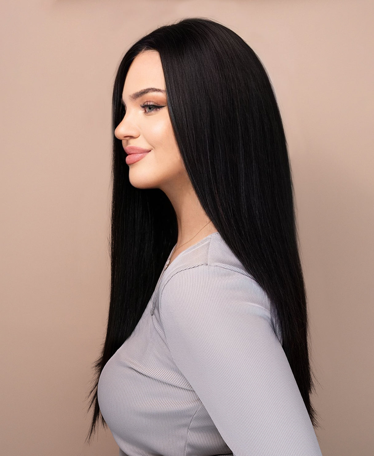 Gro8Hair| Pune-o și pleacă| fără lipici - perucă premium din 100% păr uman natural -  culoare negru, 45 cm lungime