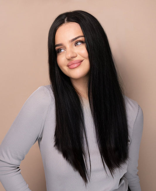 Gro8Hair| Pune-o și pleacă| fără lipici - perucă premium din 100% păr uman natural -  culoare negru, 45 cm lungime