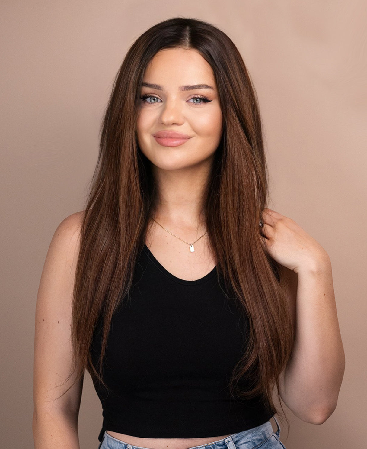 Gro8Hair| Pune-o și pleacă| fără lipici - perucă premium din 100% păr uman natural - Culoare Maro - 45cm lungime
